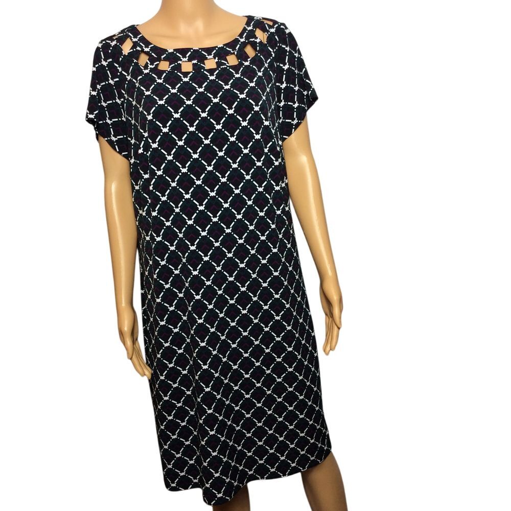 Stitch Fix 41 Hawthorn Black White Multi Print Short Sleeve Shift Dress Size 1X